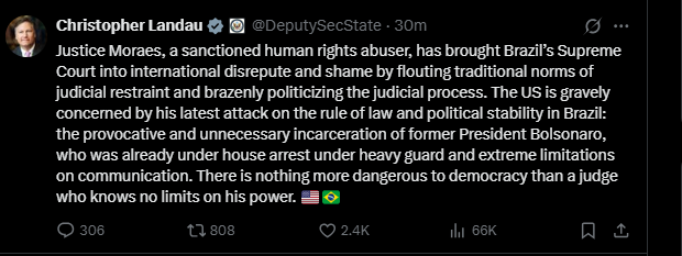 Tweet by Christopher Landau discussing Justice Moraes' actions, human rights concerns in Brazil, and implications for democracy and political stability.