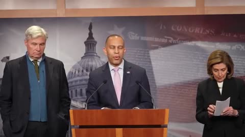 Press conference featuring Democratic leaders discussing legislative issues, with Hakeem Jeffries speaking and Senators Sheldon Whitehouse and Nancy Pelosi in attendance.