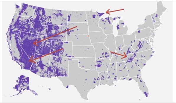 Map showing areas of interest in the United States with highlighted regions in purple, indicating specific locations or data points.