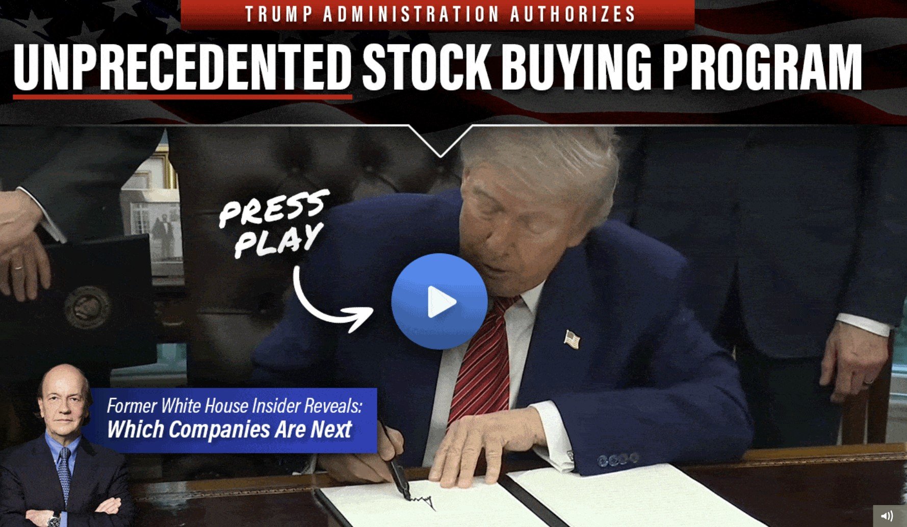 Donald Trump authorizes an unprecedented stock buying program while signing documents at a desk, with a play button indicating a video.
