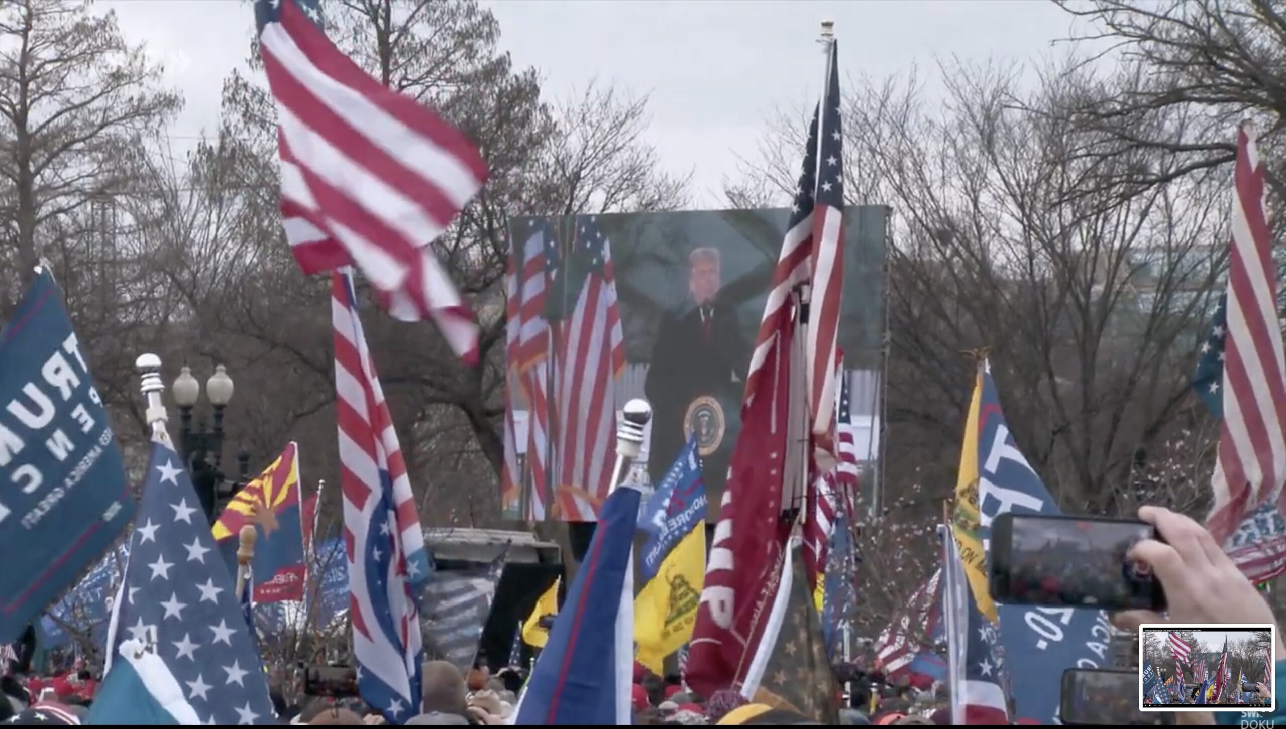Crowd of supporters at a rally waving flags, with a large screen displaying a speaker in the background.