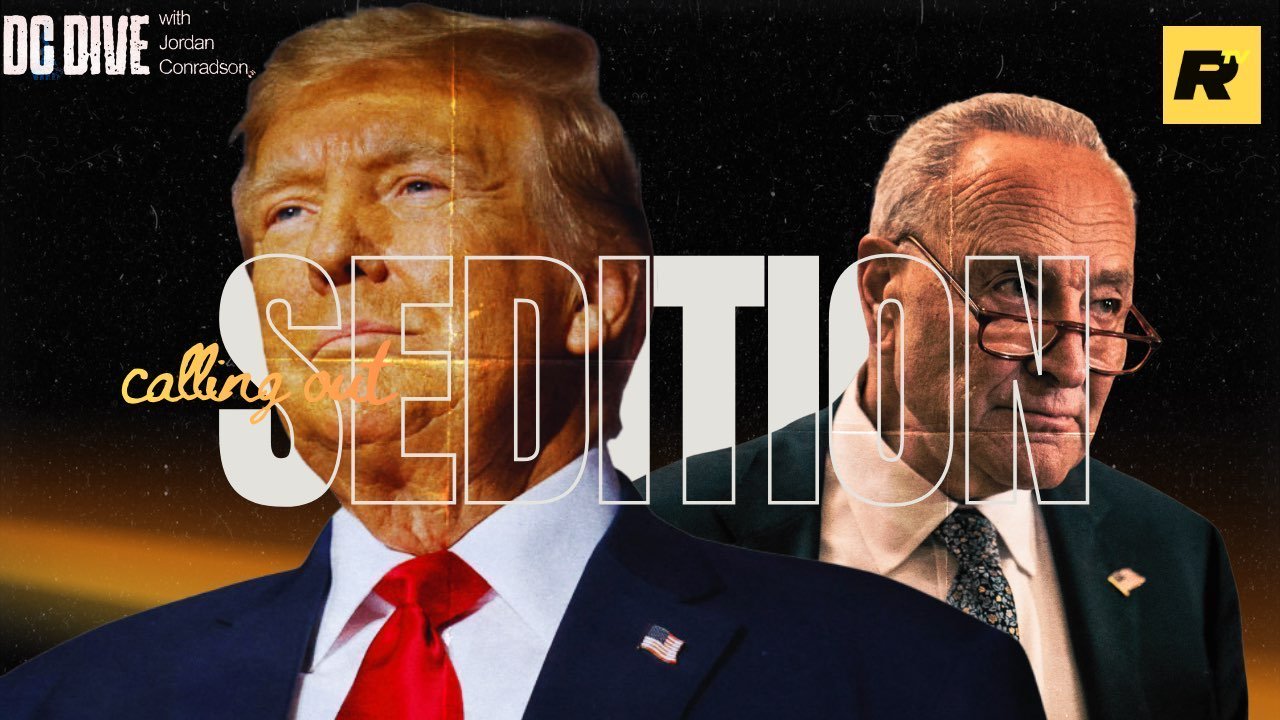 Image featuring Donald Trump and Chuck Schumer, discussing political tensions and allegations of sedition on the DC Dive podcast.