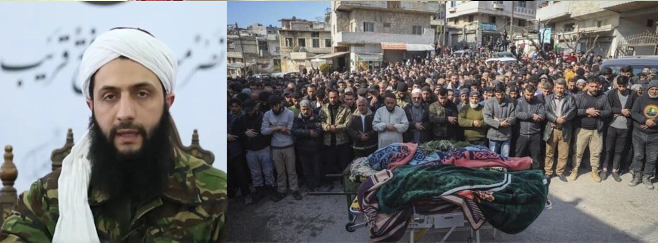 A prominent leader addresses a crowd during a funeral service attended by hundreds in a public space, highlighting community solidarity.