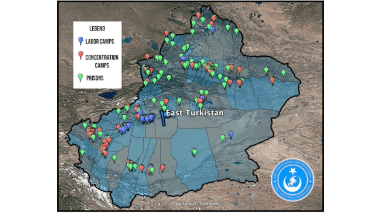 Map of East Turkistan showing the locations of labor camps, concentration camps, and prisons, indicated by different colored markers for each type of facility.