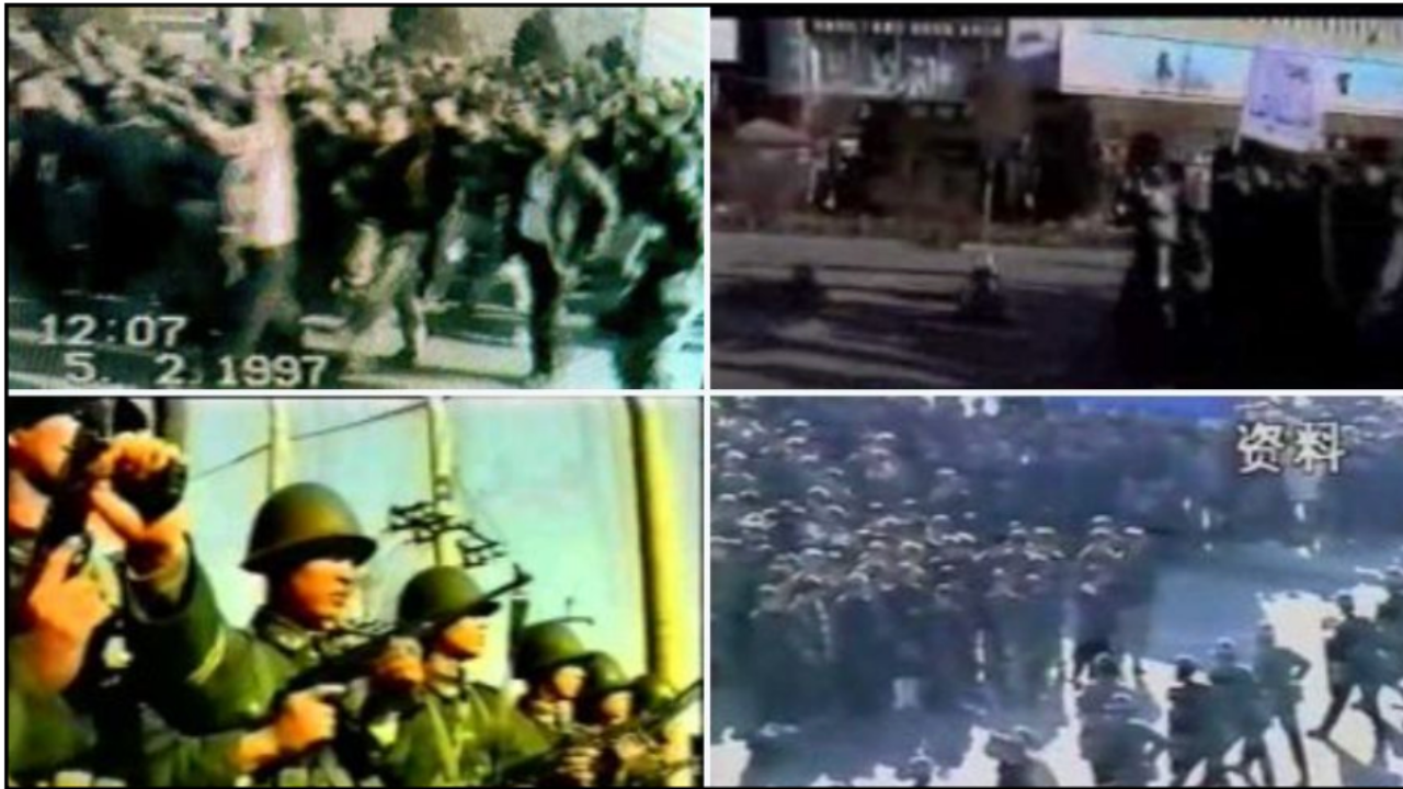 Historic footage from February 5, 1997, depicting protests and military presence during a significant political event.