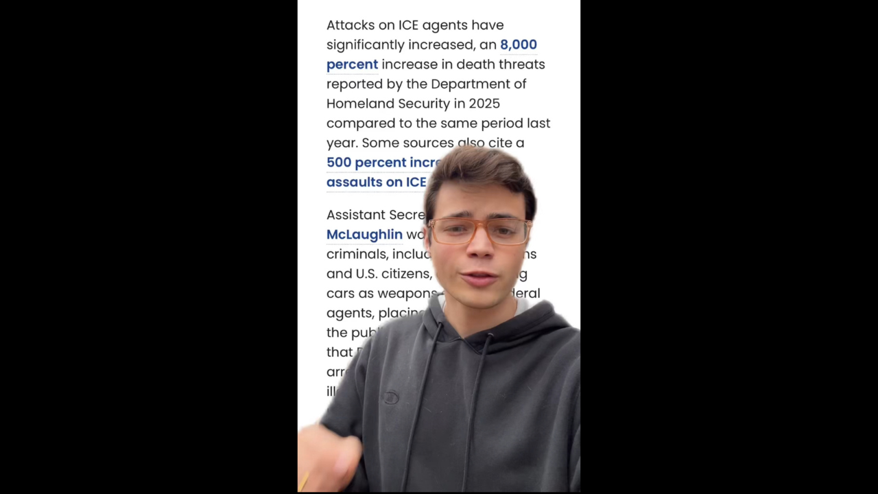 Person discussing the rise in threats and assaults against ICE agents, highlighting significant statistics and concerns for public safety.