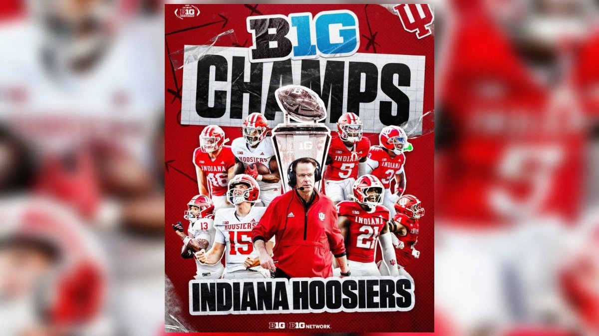 Indiana Hoosiers celebrate their Big Ten Championship with a collage of players and coach, showcasing team spirit and athletic achievement.
