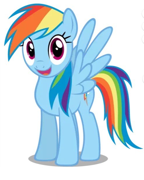Colorful cartoon pony with blue body, rainbow mane, and wings, smiling cheerfully against a white background.
