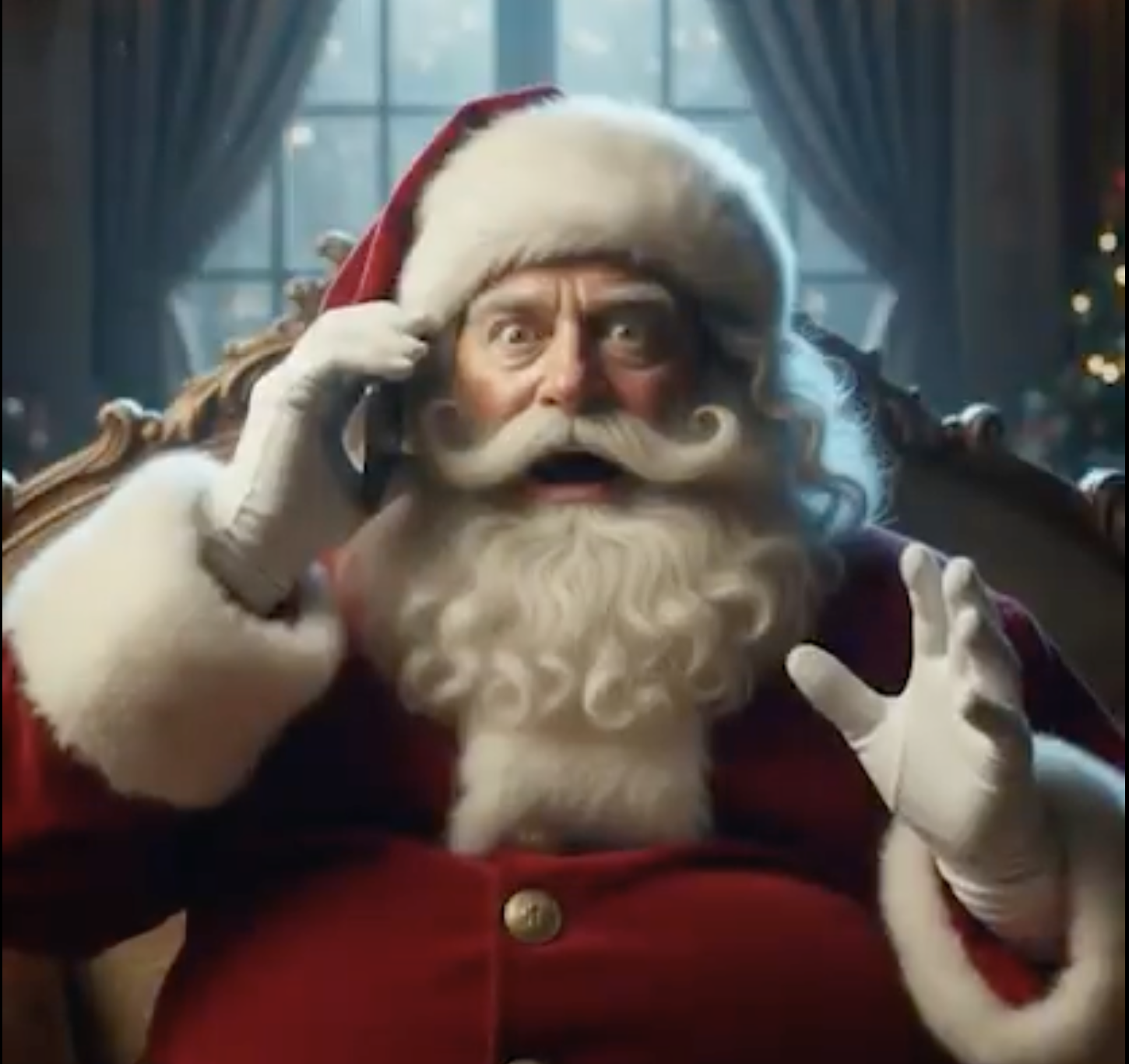 Santa Claus on the phone, looking surprised while seated in a festive room decorated for Christmas.