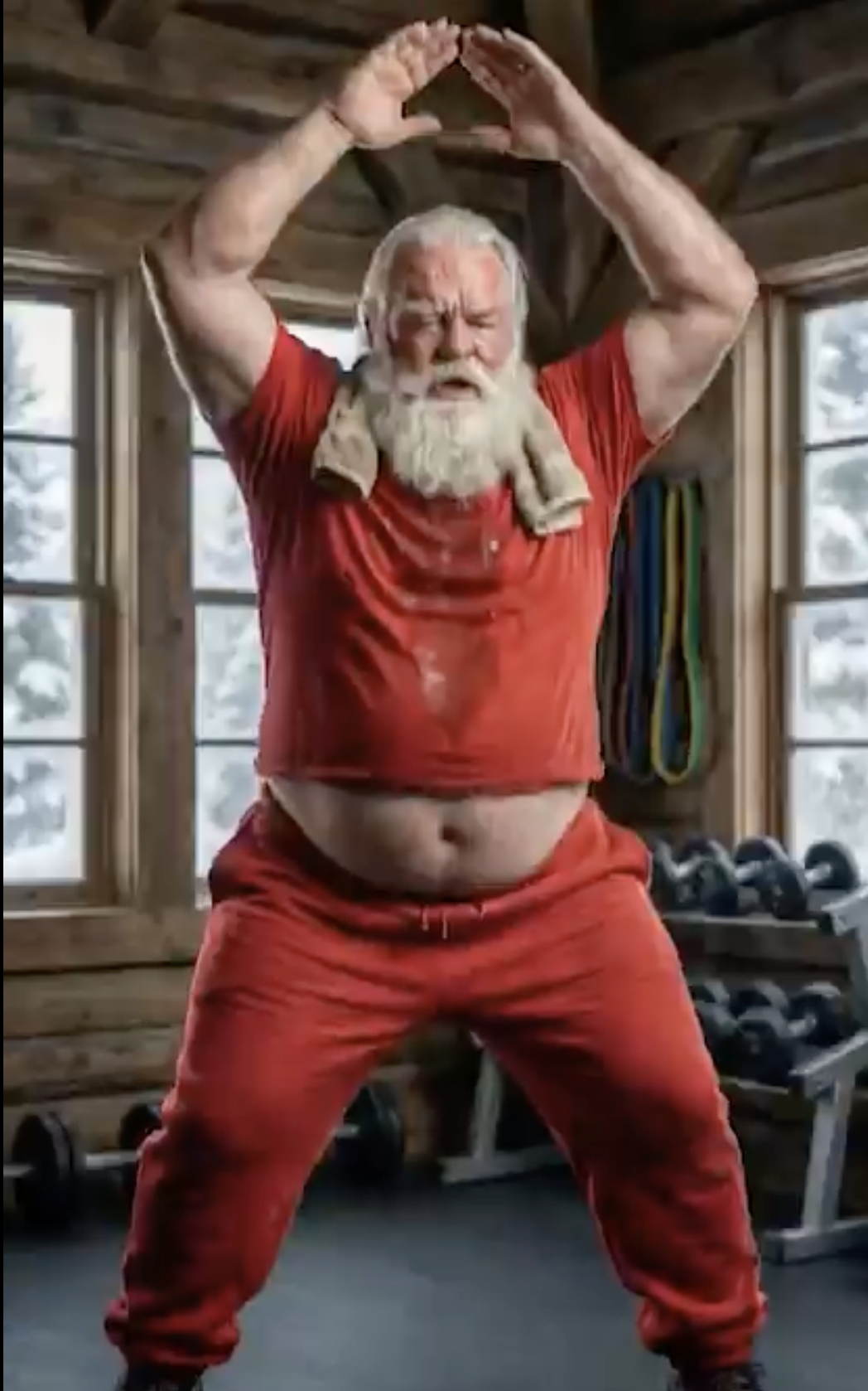 Santa Claus exercising in a gym, wearing a red workout outfit, showcasing a playful take on fitness during the holiday season.