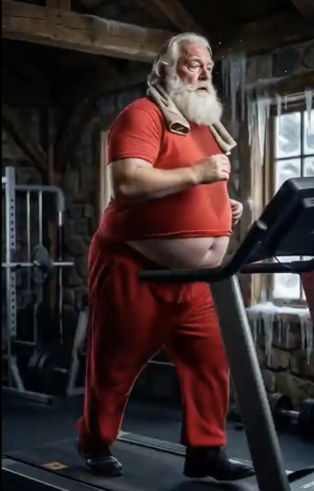 Santa Claus jogging on a treadmill in a rustic gym setting, wearing a red outfit and towel around his neck, promoting fitness and health during the holiday season.