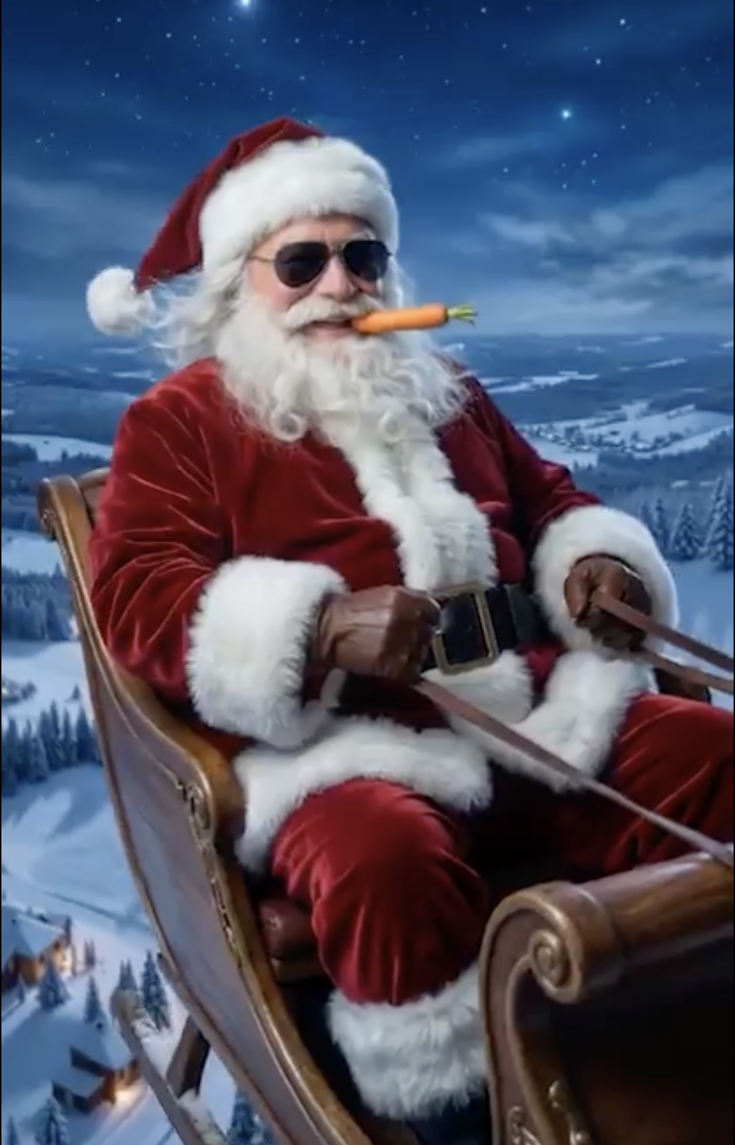 Santa Claus in a sleigh, wearing sunglasses and holding a carrot, with a snowy landscape and starry sky in the background.