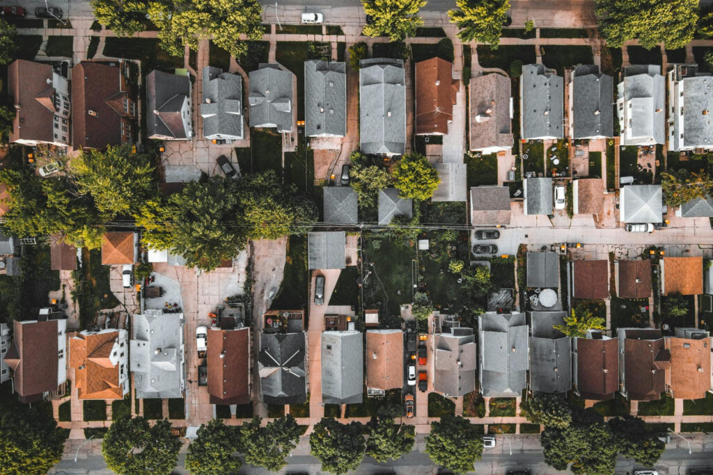 An aerial shot of residential homes