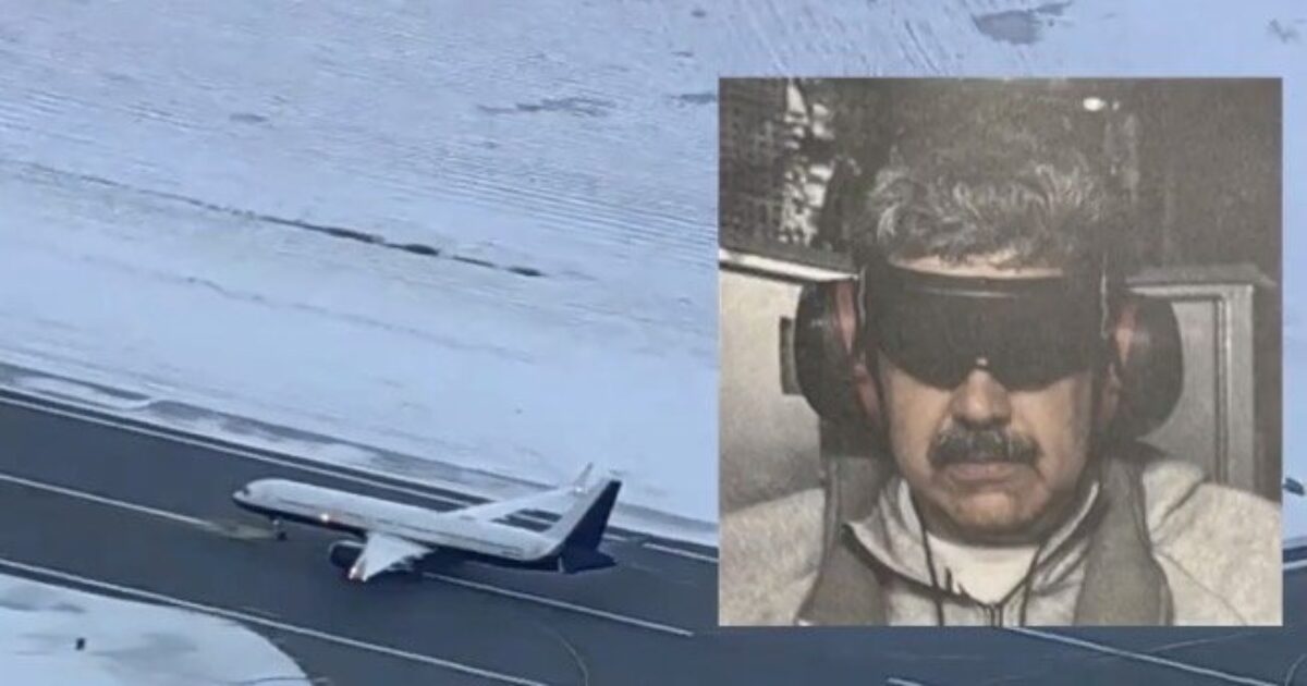 Airplane on a snowy runway with an inset image of a man wearing sunglasses and headphones, illustrating a unique aviation scenario.