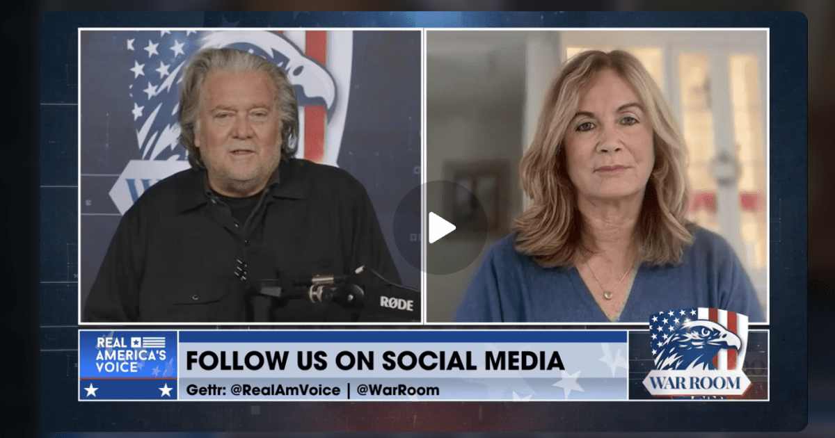 Steve Bannon and a guest discuss current events on the War Room show, promoting their social media presence.