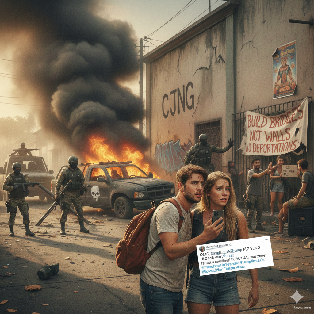 A couple looks distressed in a war zone, surrounded by soldiers, burning vehicles, and protest signs urging for humanitarian action.