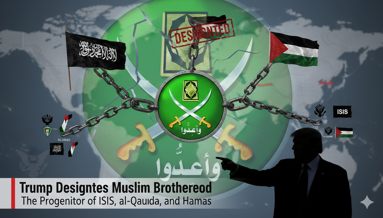 Image illustrating Trump's designation of the Muslim Brotherhood, linking it to ISIS, al-Qaeda, and Hamas, with symbolic flags and icons representing these groups.