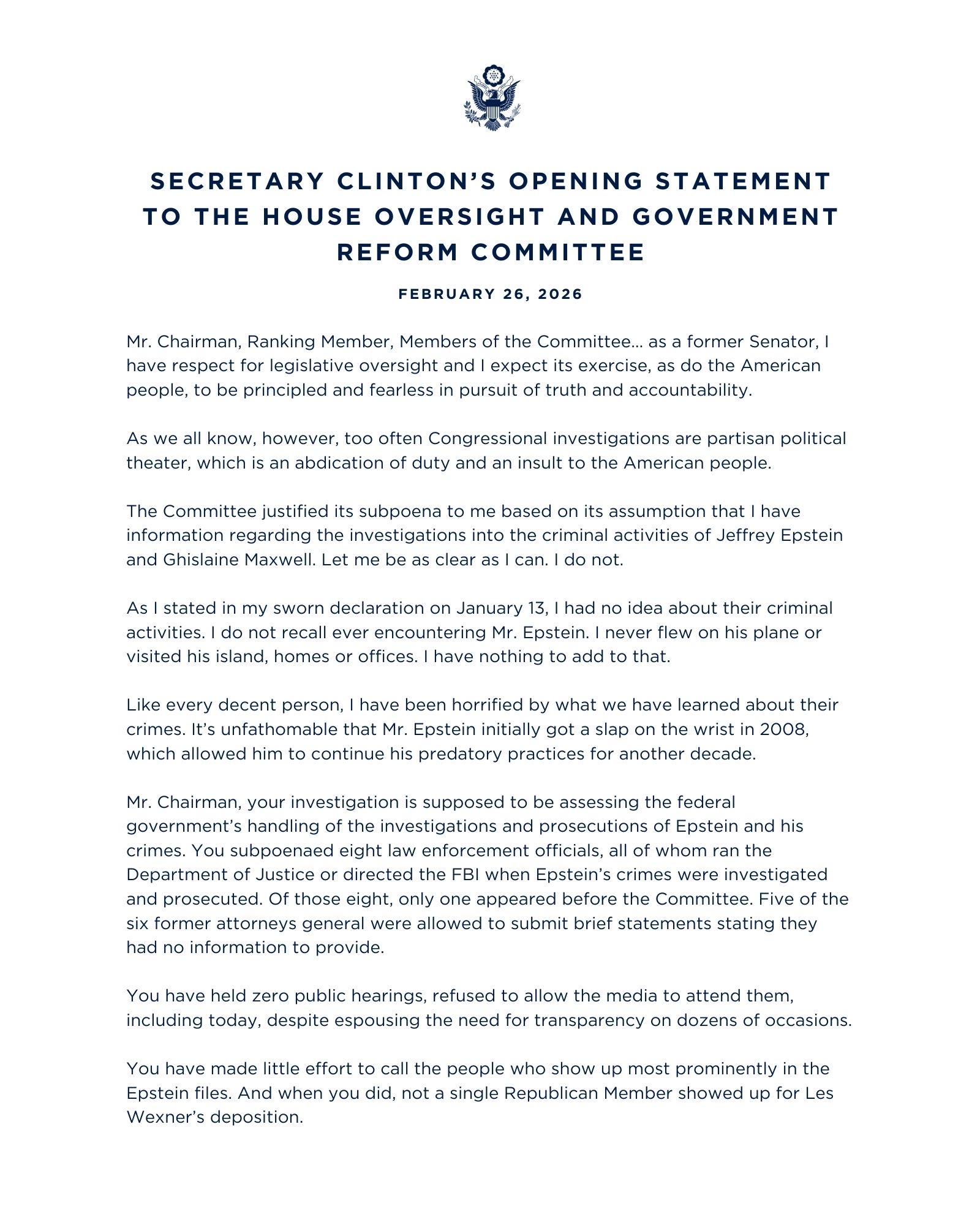 Opening statement by Secretary Clinton to the House Oversight and Government Reform Committee addressing the investigation into Jeffrey Epstein's criminal activities and congressional transparency issues.