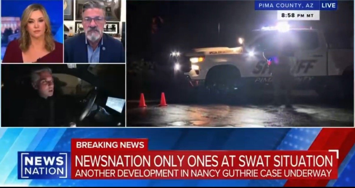 NewsNation coverage of a SWAT situation in Pima County, Arizona, featuring reporters discussing developments in the Nancy Guthrie case.