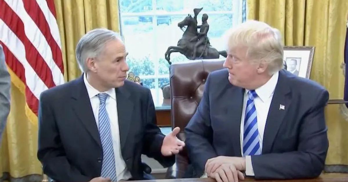 Texas Governor Greg Abbott and President Donald Trump engage in discussion in the Oval Office, with an American flag and a statue in the background.