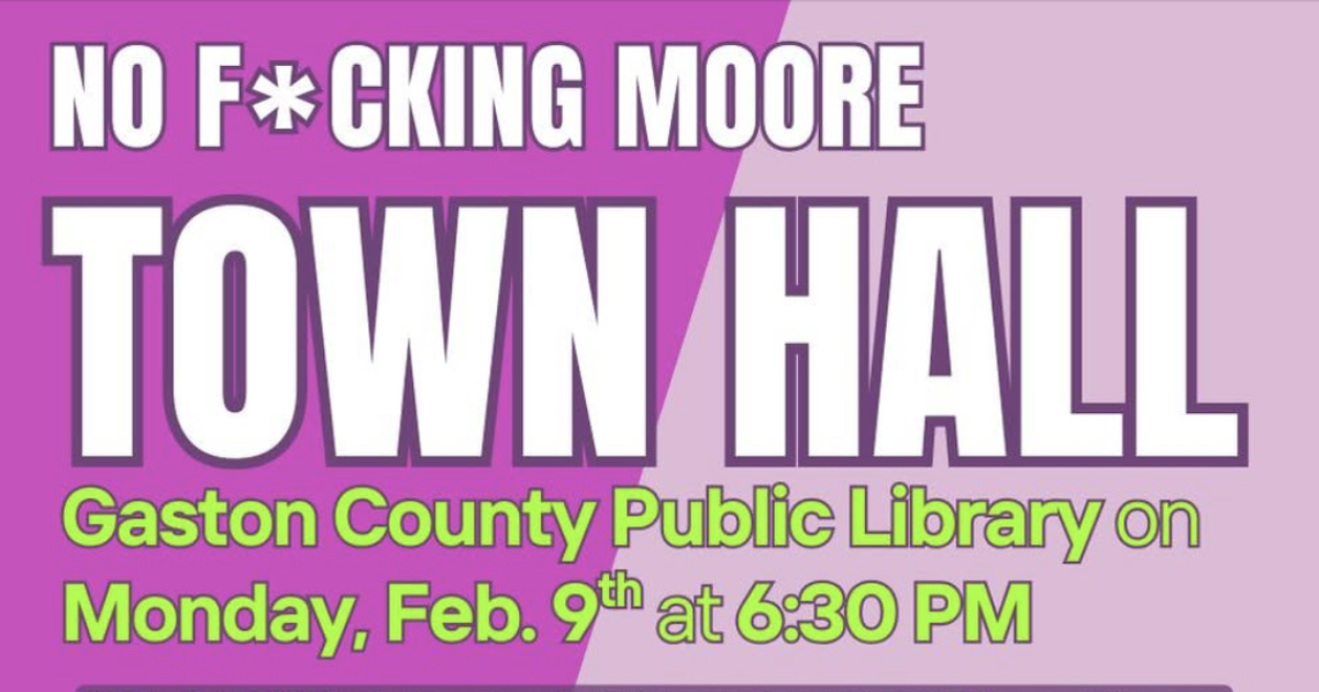 Promotional graphic for a town hall meeting at Gaston County Public Library on February 9th at 6:30 PM with an emphasis on community engagement.