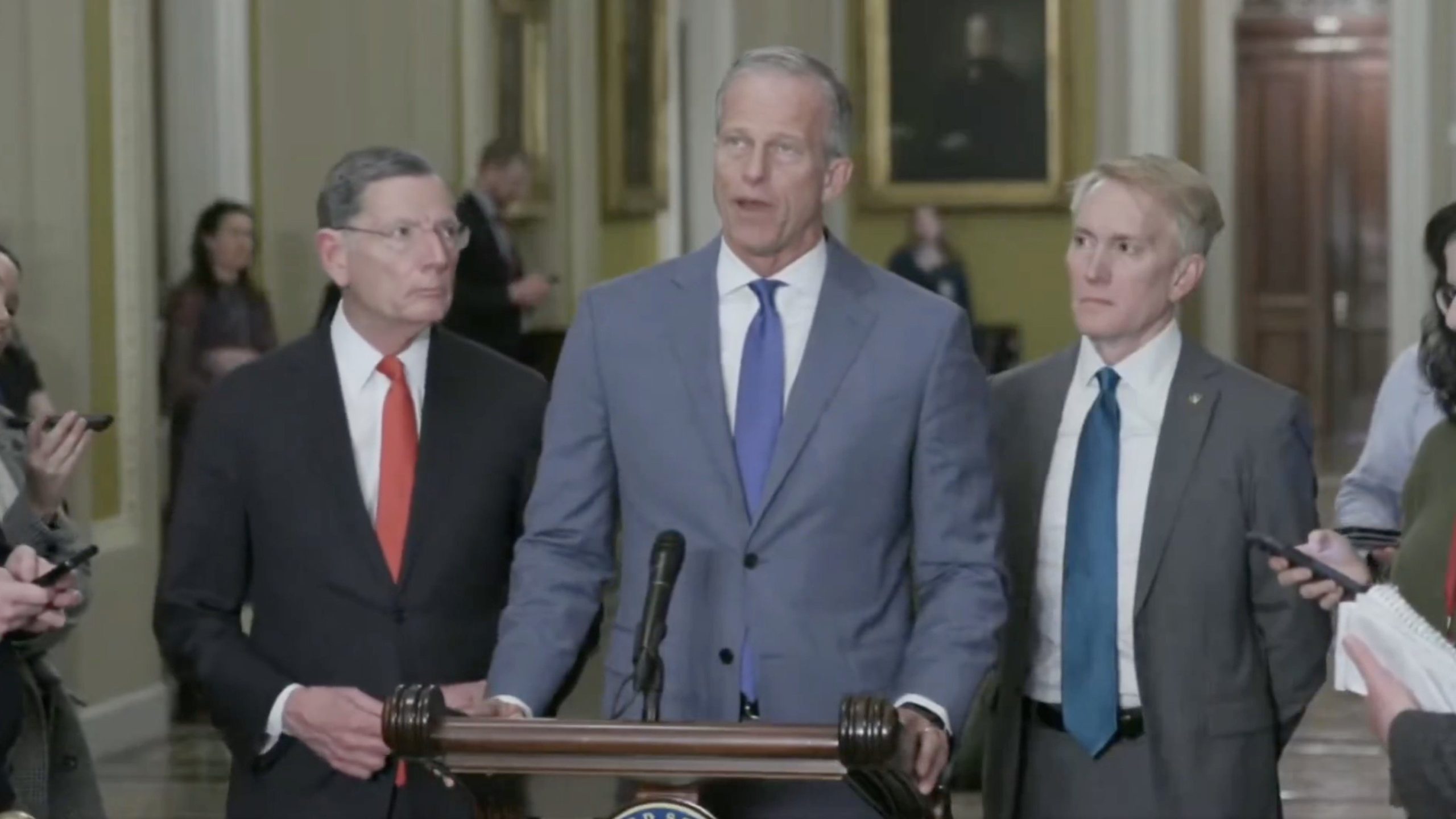 Senators John Thune, Wyoming, and others speak at a press conference in the U.S. Capitol, addressing key legislative issues.
