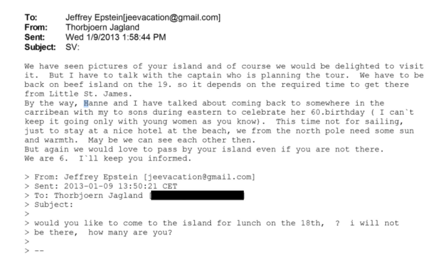 Email correspondence discussing travel plans to an island, including potential visit dates and personal details about a birthday celebration.