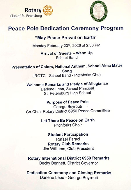 Peace Pole Dedication in St. Petersburg, Florida, USA.