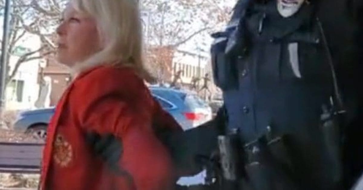 Police officer apprehending a woman in a red jacket during an arrest in a public area with trees and parked cars in the background.