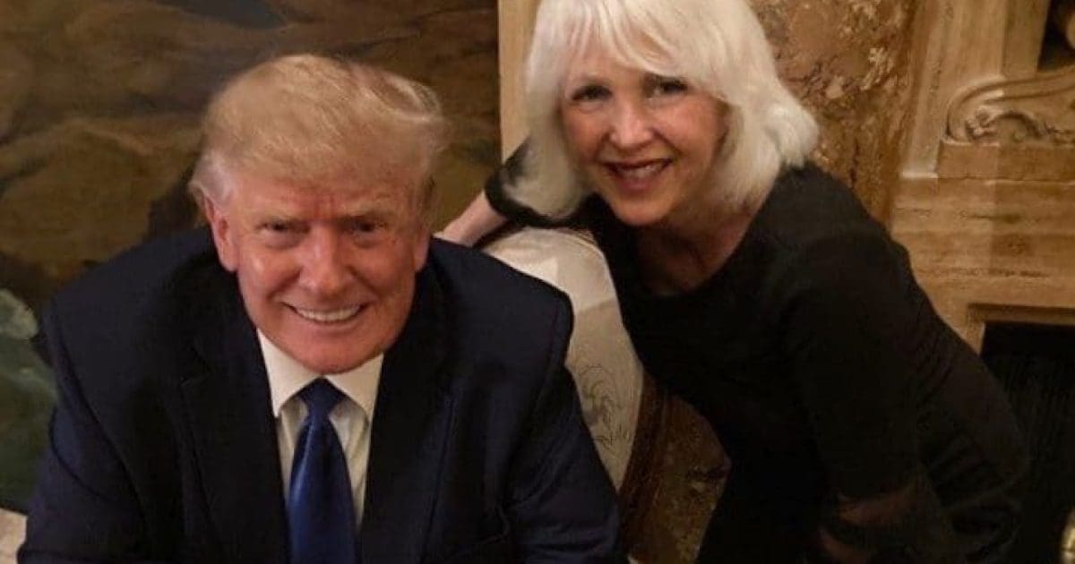 Donald Trump smiling with a woman in a formal setting, showcasing a friendly interaction against an elegant background.