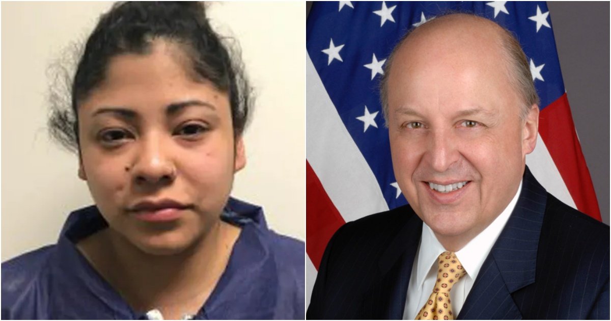 Image showing a woman in a blue prison jumpsuit alongside a man in a suit, with a U.S. flag in the background, representing a legal or political context.