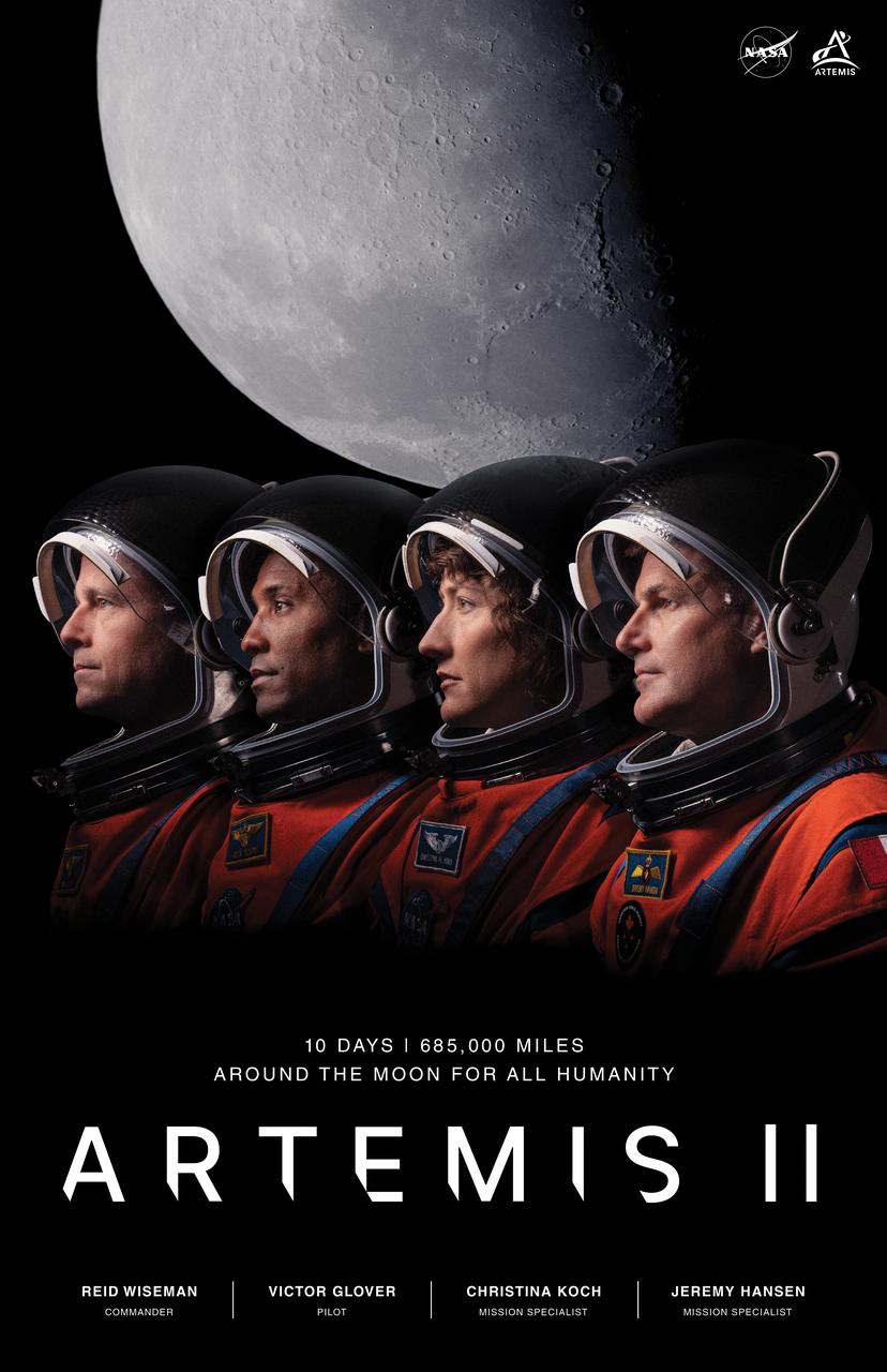 Astronauts from the Artemis II mission pose in space suits with the moon in the background, highlighting NASA's goal of lunar exploration for humanity.