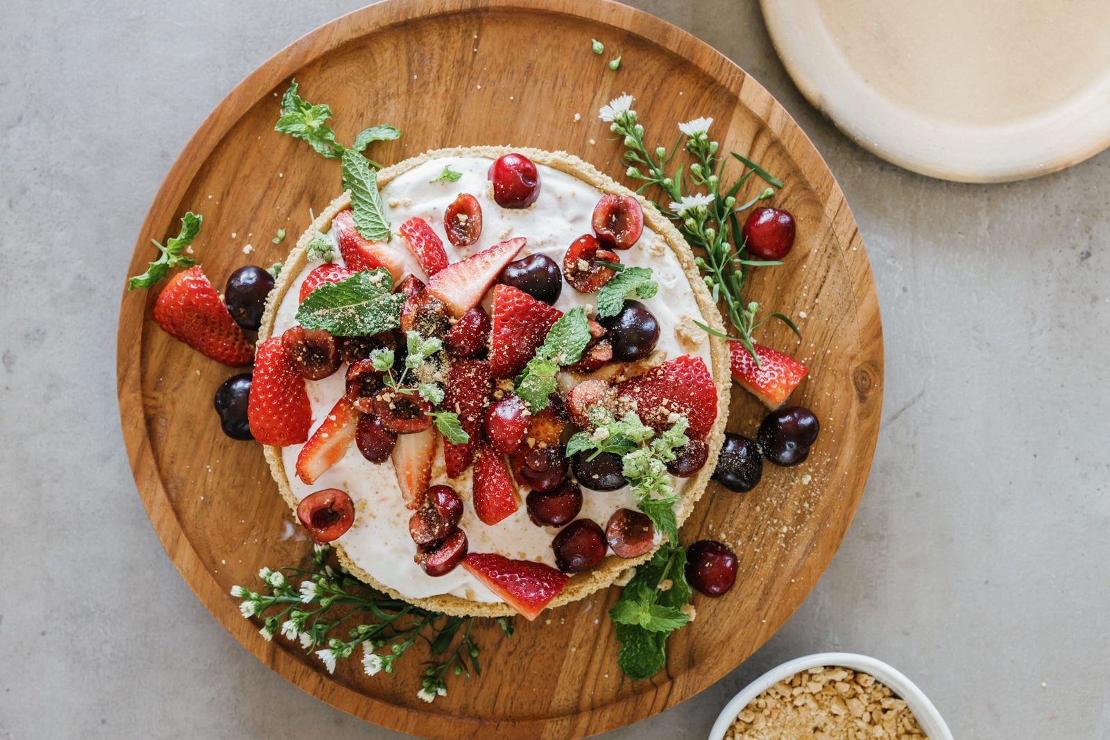 cherry berry ice cream pie on a platter