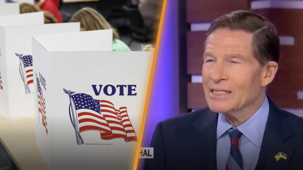 Voting booths with American flags and a politician discussing electoral issues in a split-screen format.