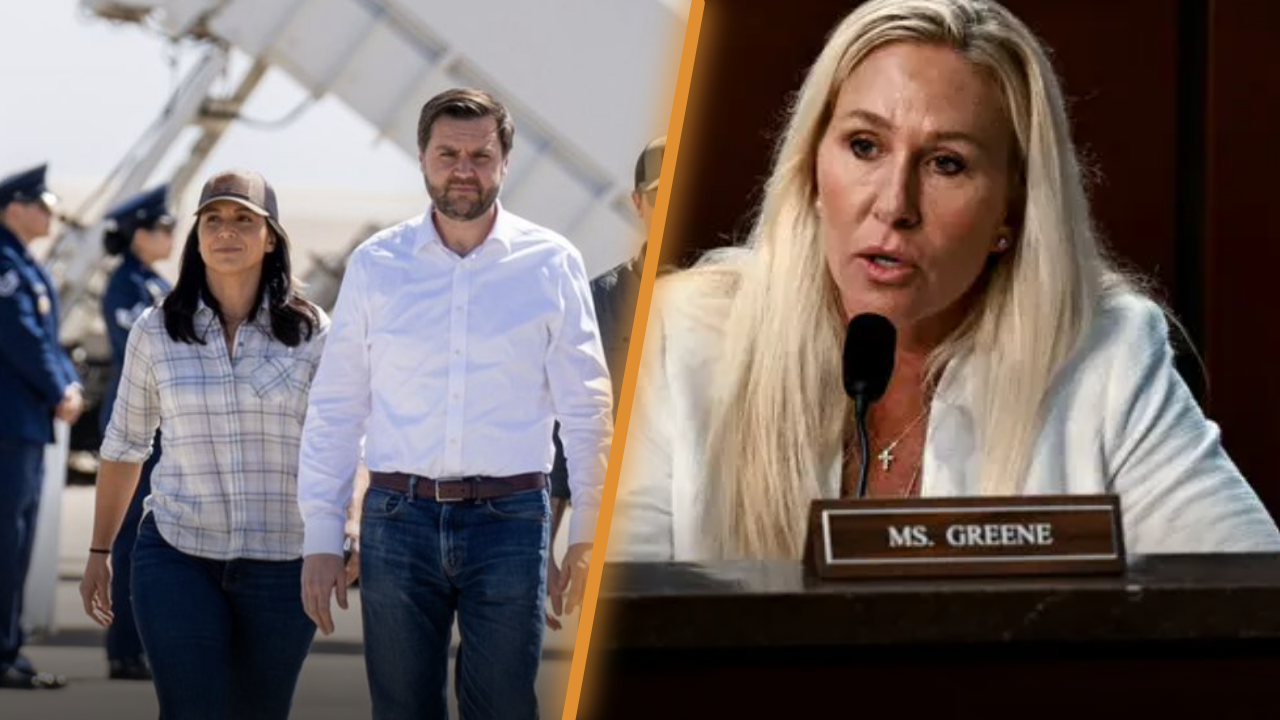 Image showing two political figures walking together at an airport, accompanied by military personnel, with a close-up of a woman speaking at a congressional hearing.