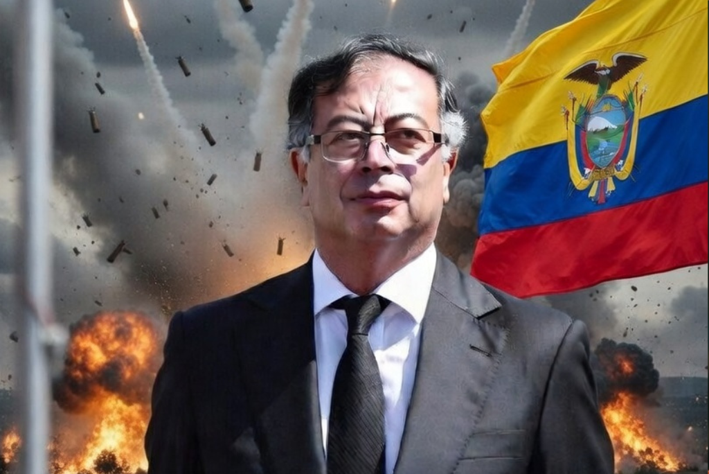 Ecuadorian politician stands against a backdrop of explosions and the national flag, symbolizing conflict and leadership in turbulent times.