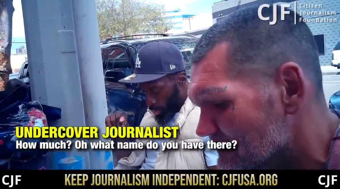Undercover journalist interviewing two individuals in an urban setting, discussing a transaction, with a focus on investigative reporting and public awareness.