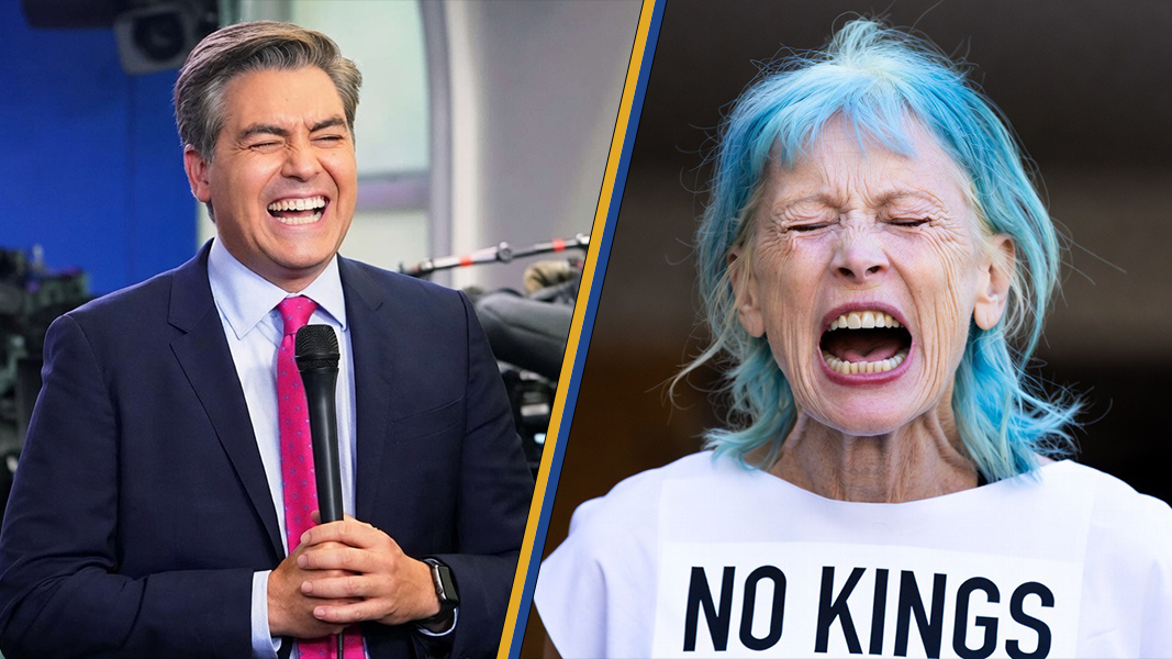 A split image featuring a laughing male news anchor and a woman with blue hair passionately protesting against authority.