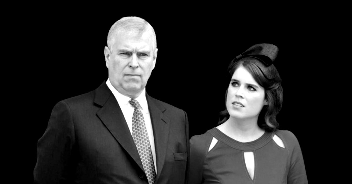 Prince Andrew and Princess Eugenie appear together, both dressed formally, with a serious expression against a black background.