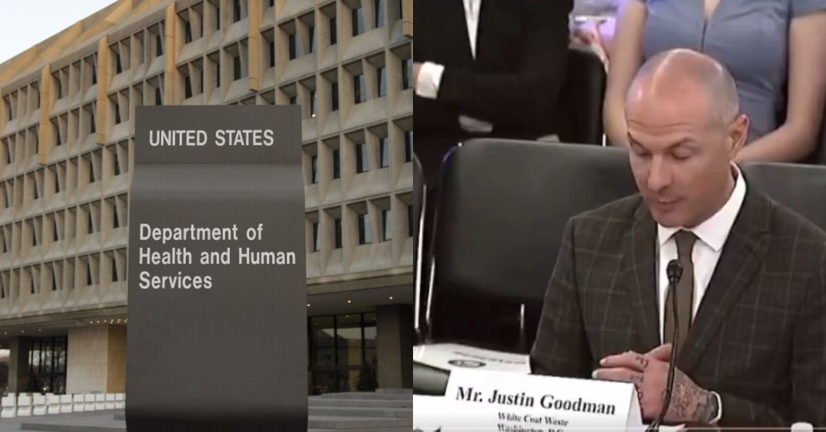 Mr. Justin Goodman testifies before the U.S. Department of Health and Human Services regarding animal welfare and research ethics in a congressional hearing.