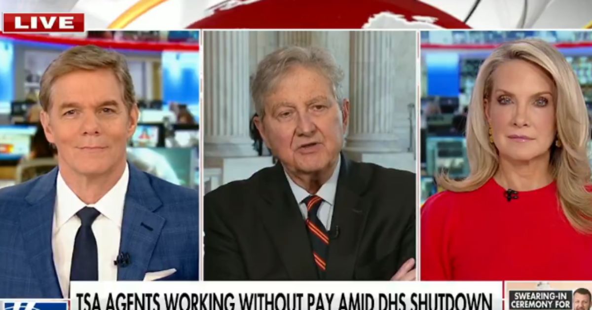 Live discussion on TSA agents working without pay during the DHS shutdown, featuring three news anchors in a studio setting.