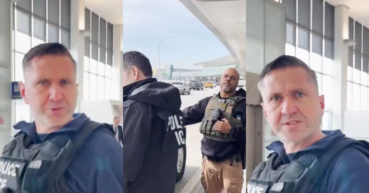 Agents in tactical gear interact at an airport, highlighting law enforcement activities and public safety measures in a busy terminal environment.