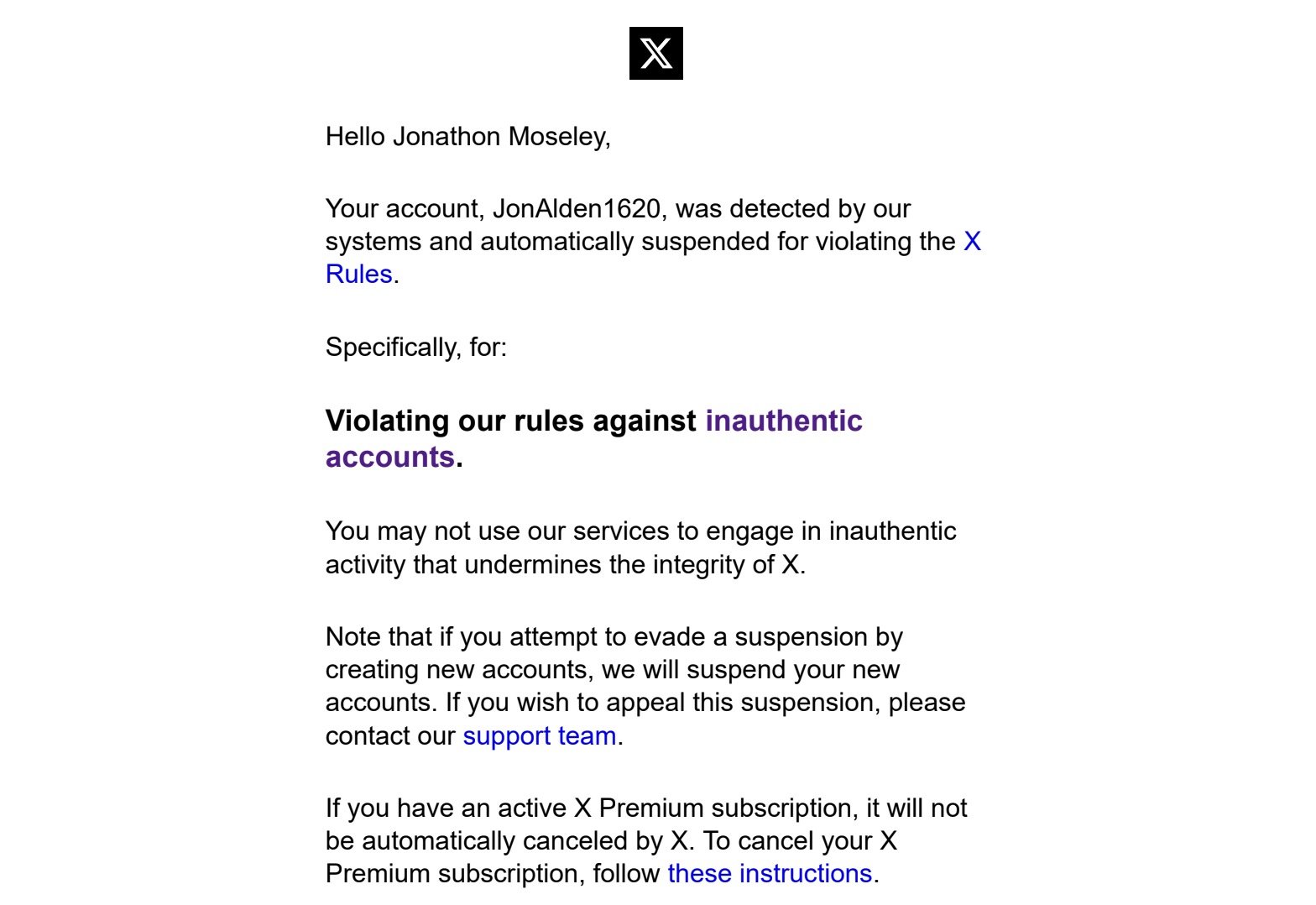 Email notification regarding account suspension for violating X platform's rules against inauthentic accounts, with instructions for appeal and account management.