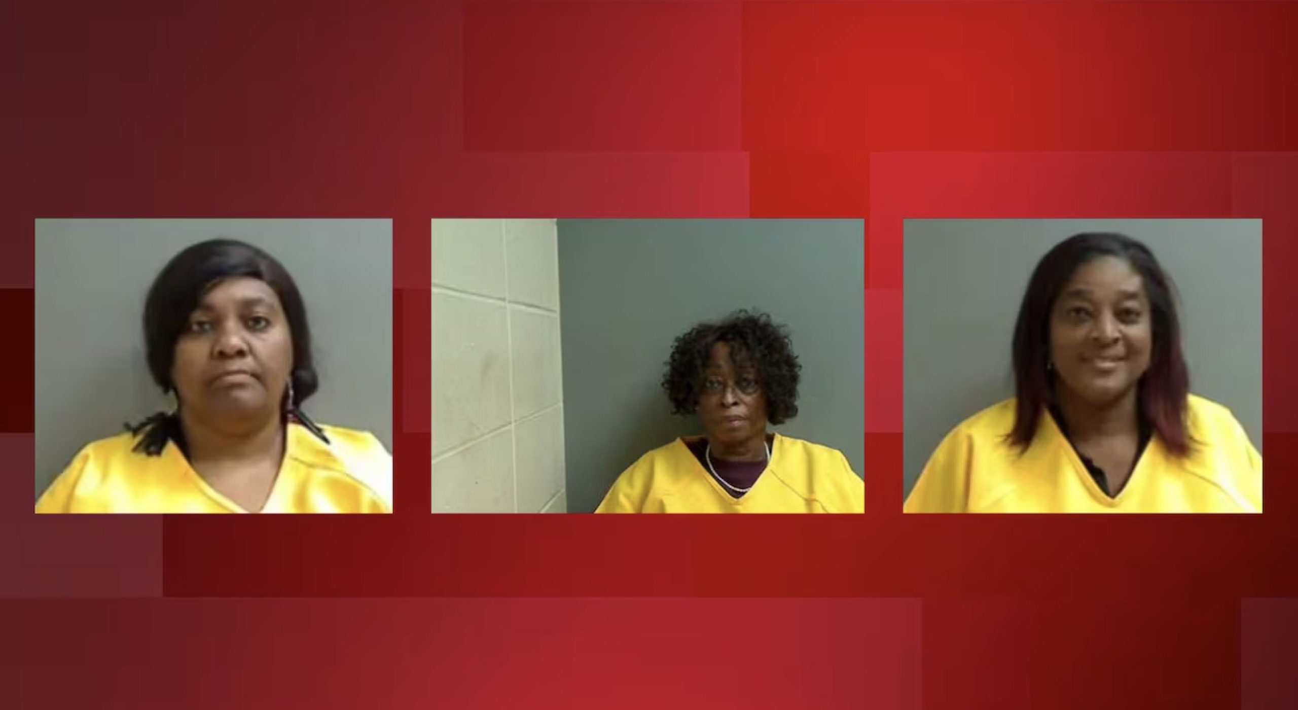Three women in yellow prison uniforms pose for mugshots against a neutral background.