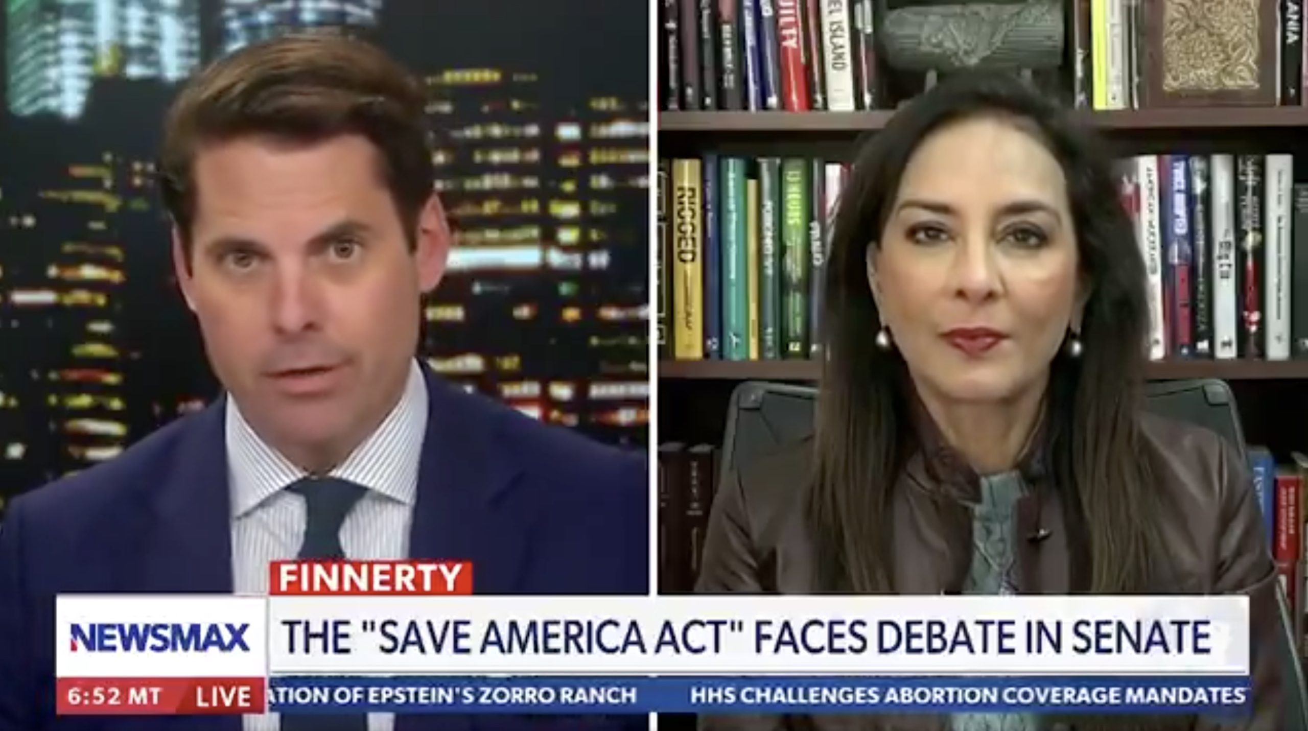 Newsmax hosts discuss the "Save America Act" as it faces a Senate debate, featuring political analysis and insights from both speakers.