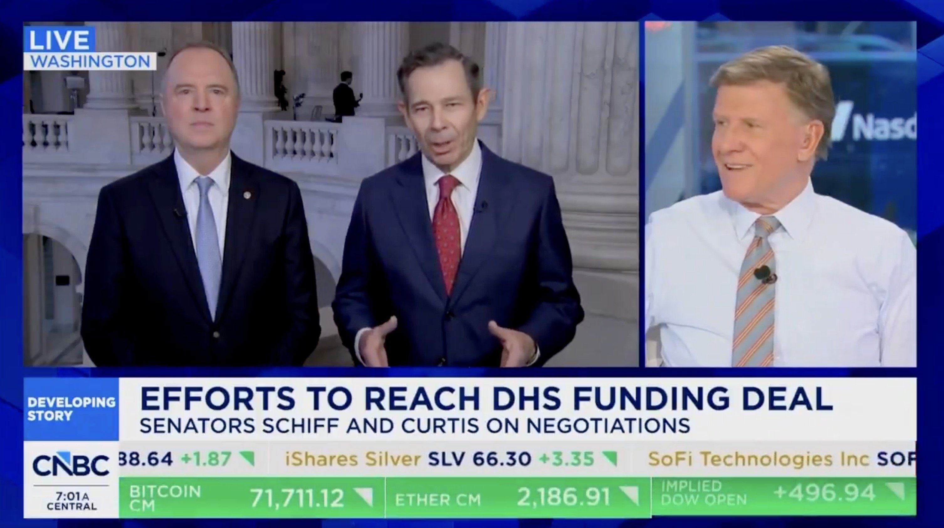 Live broadcast from Washington discussing DHS funding negotiations featuring Senators Schiff and Curtis on CNBC.
