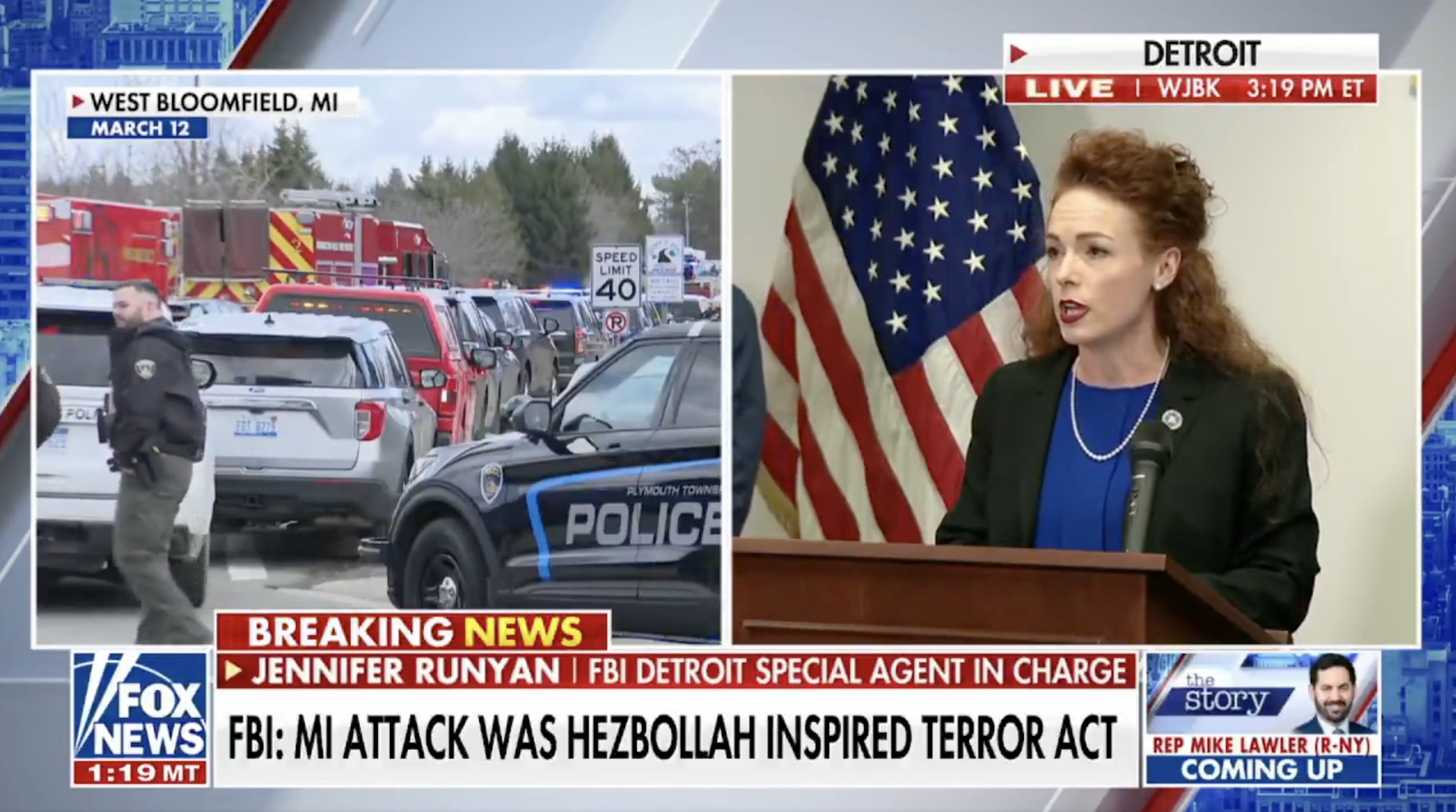 FBI special agent Jennifer Runyan discusses a Hezbollah-inspired attack in Michigan during a press conference in Detroit, with emergency response vehicles visible in the background.