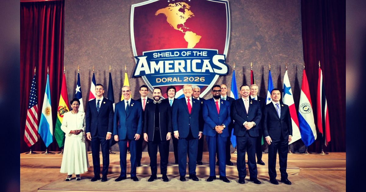 Leaders from various American countries gather for the Shield of the Americas summit in Doral 2026, showcasing national flags and promoting regional cooperation.