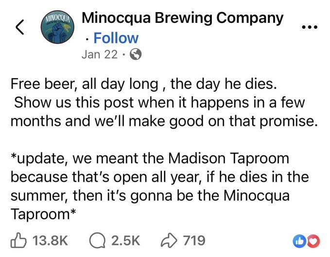 Facebook post from Minocqua Brewing Company announcing free beer on the day of a significant event, with updates about their taprooms.