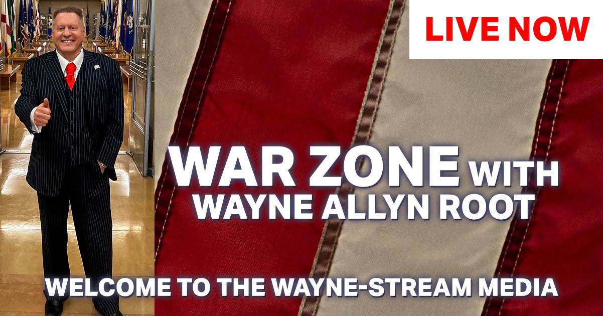 Wayne Allyn Root hosts War Zone live, showcasing engaging discussions and insights on current events in a patriotic setting with flags in the background.